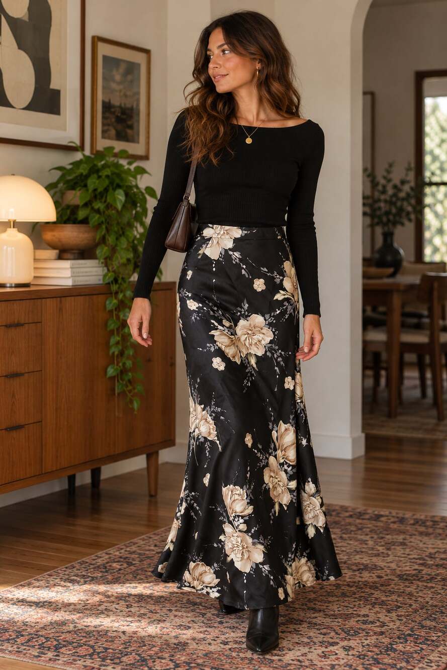 Vintage Kathie Lee Black Floral Satin Maxi Skirt 90s Size 12 ✨